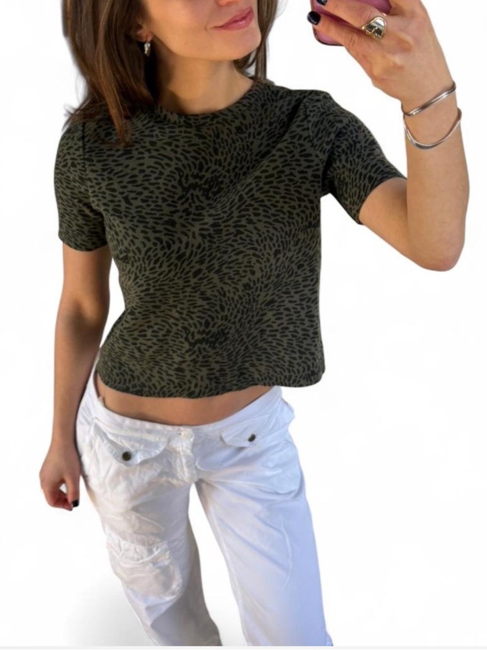 Zara Olive Green Short Sleeve Printed Crop Top